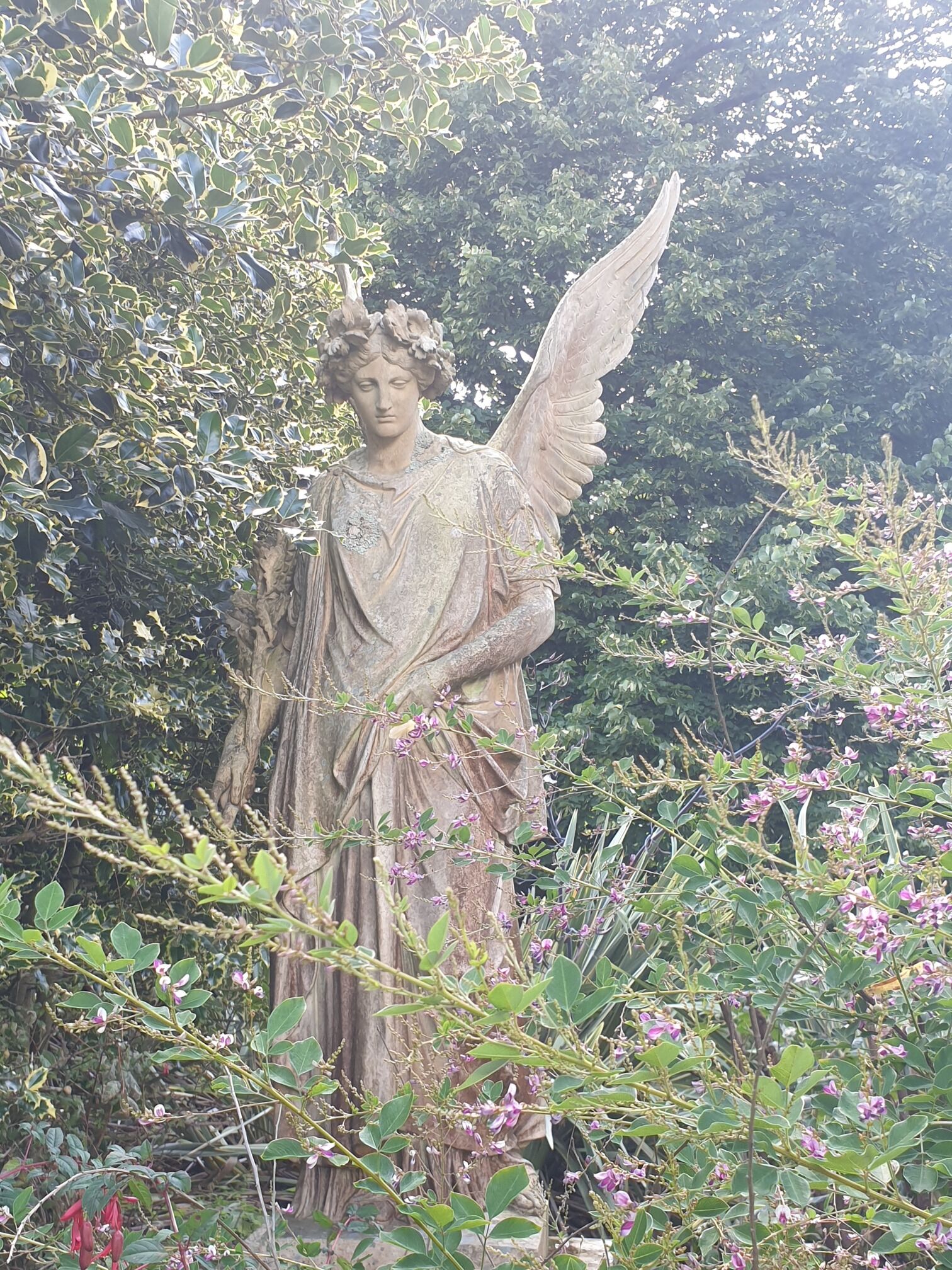 A beautiful angel, hiding amongst the bushes outside the walled garden