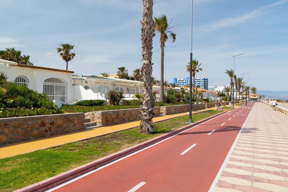 A coastal road with palm trees, a red bike lane, and buildings with Mediterranean architecture.