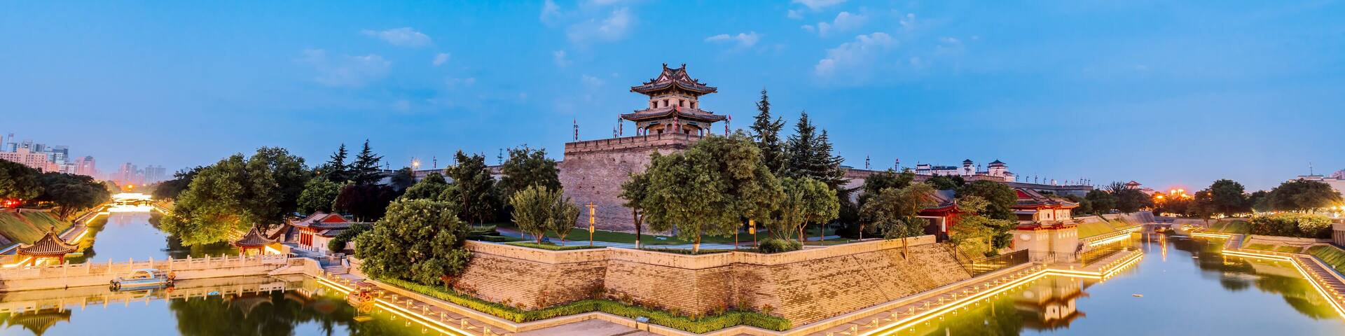 Night view of the ancient city wall and northeast corner tower skyline in Xi'an, Shaanxi, China