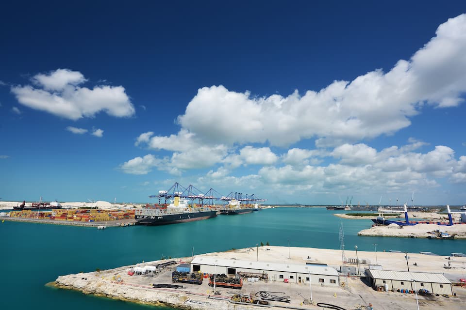 A port with cargo ships, cranes, and containers.