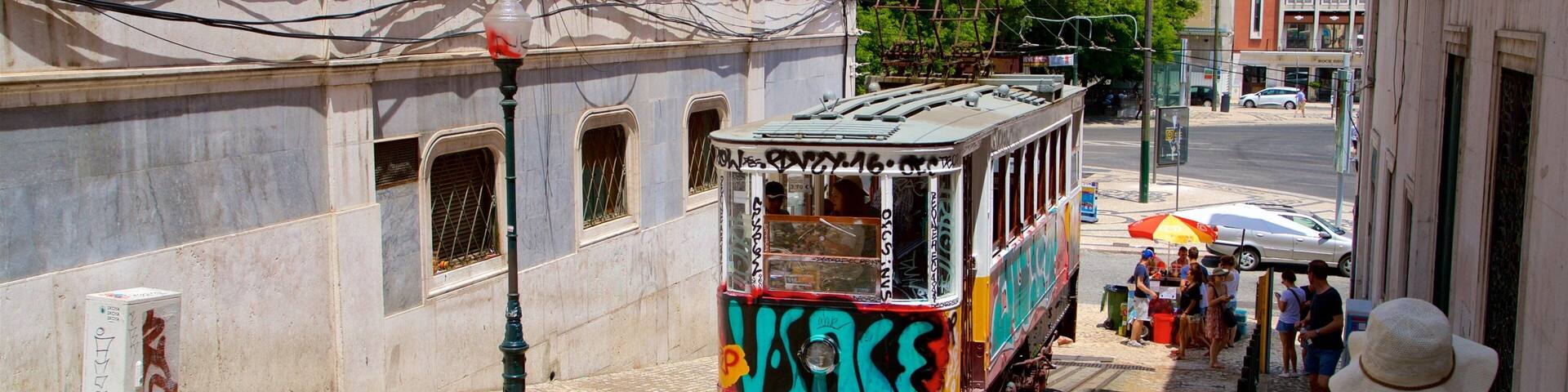 Ascensor da Gloria showing street scenes, outdoor art and railway items