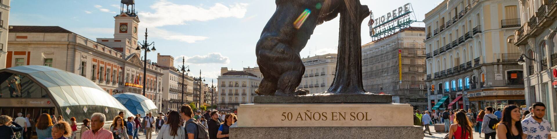 A statue of a bear holding a tree with the inscription "50 AÑOS EN SOL".