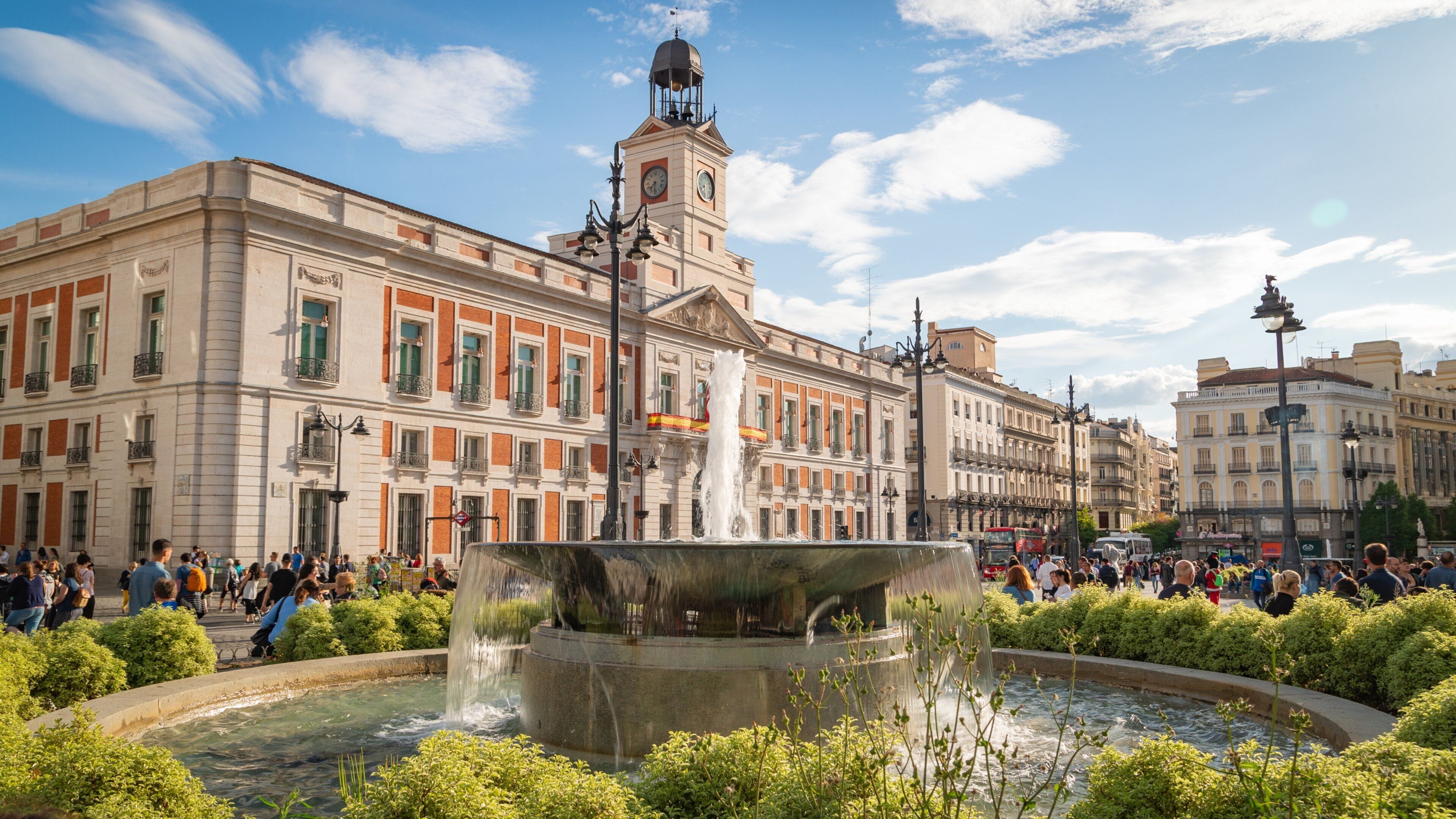 Puerta del Sol which includes a city and a fountain