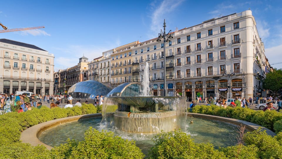 Puerta del Sol which includes a city and a fountain