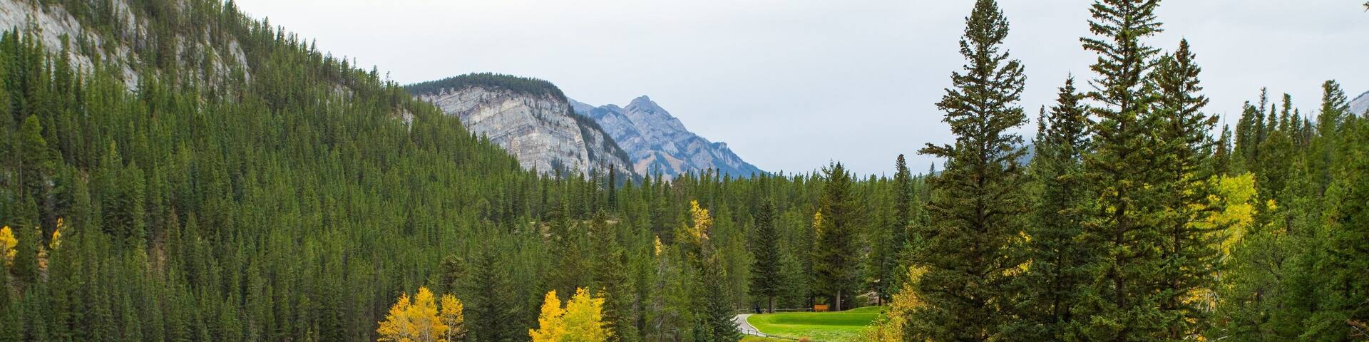 A serene golf course with a pond, surrounded by dense forests and mountains.