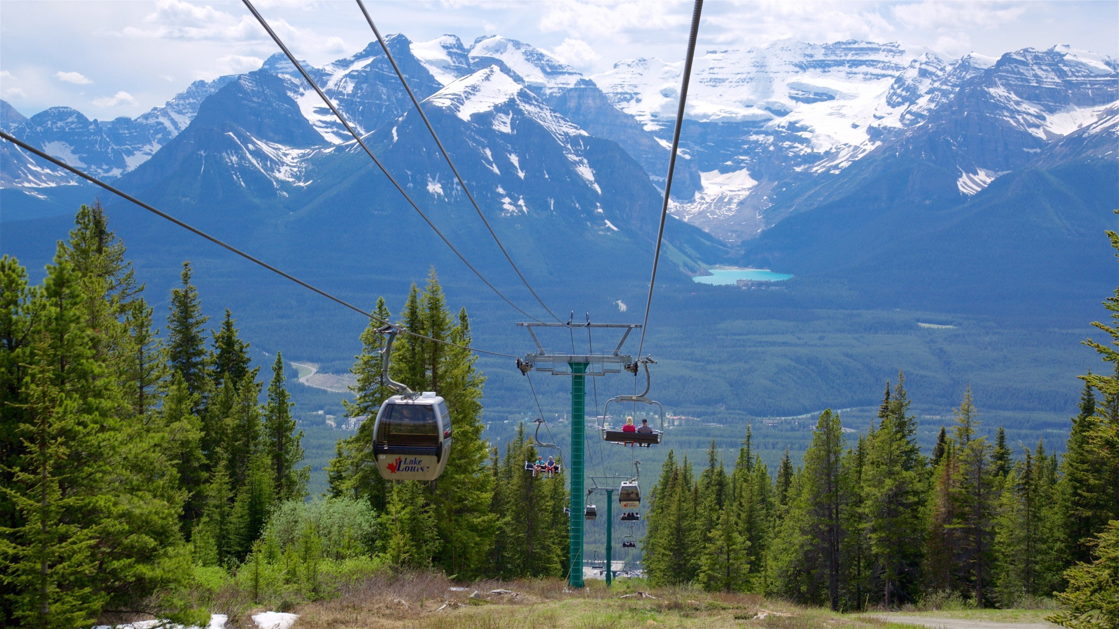 A cable car system in a forested area with snow-capped mountains in the background.