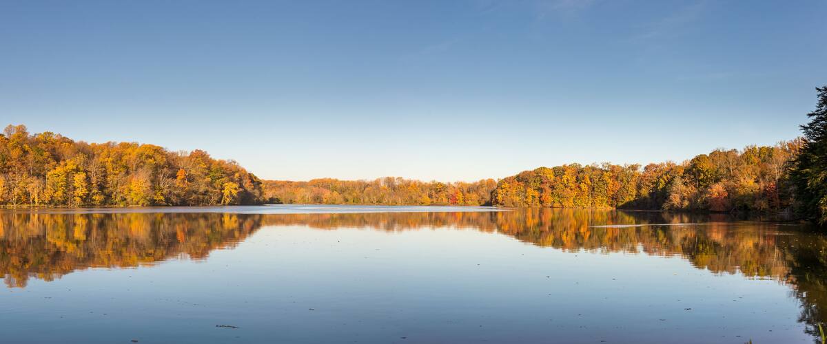 A calm lake surrounded by autumn-colored trees.