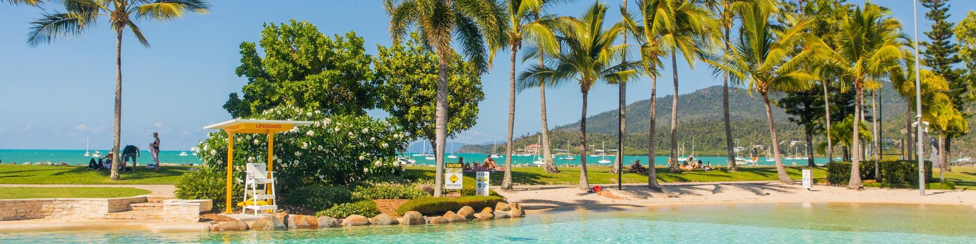A clear blue pool surrounded by palm trees and a lifeguard station.