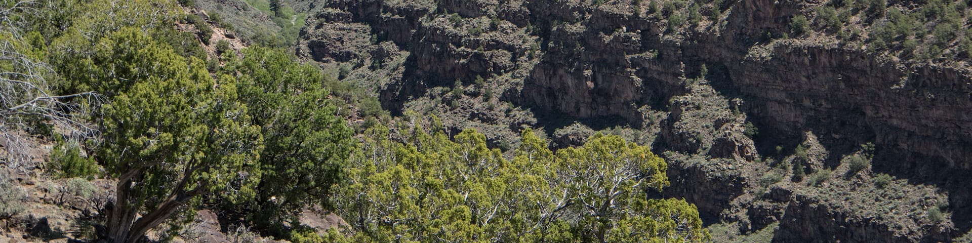 A rugged canyon landscape with green vegetation and distant mountains under a partly cloudy sky.