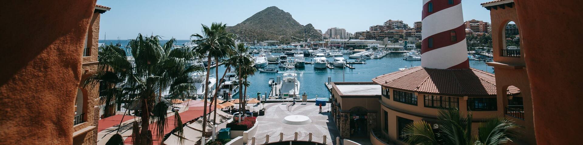 A marina with boats, a lighthouse, palm trees, and a mountain in the background.
