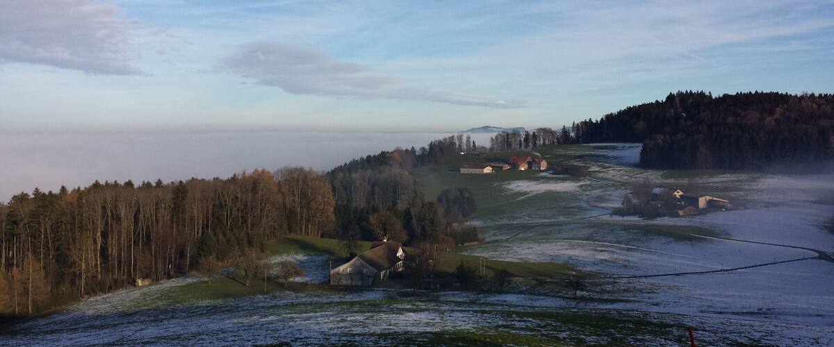A rural landscape with a forested hill, scattered houses, and a clear sky.