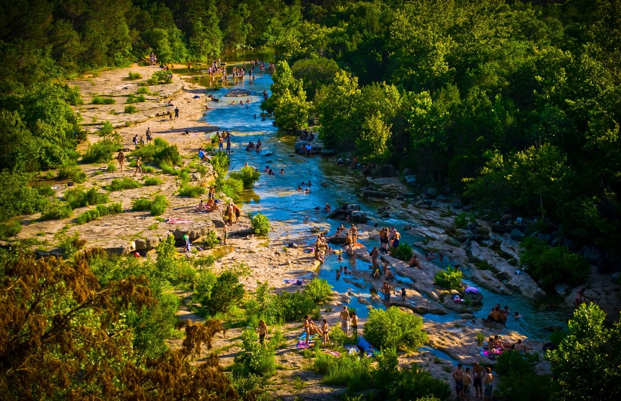 Austin texas greenbelt summer crowds enjoying the cold springs Barton creek; Shutterstock ID 393054136