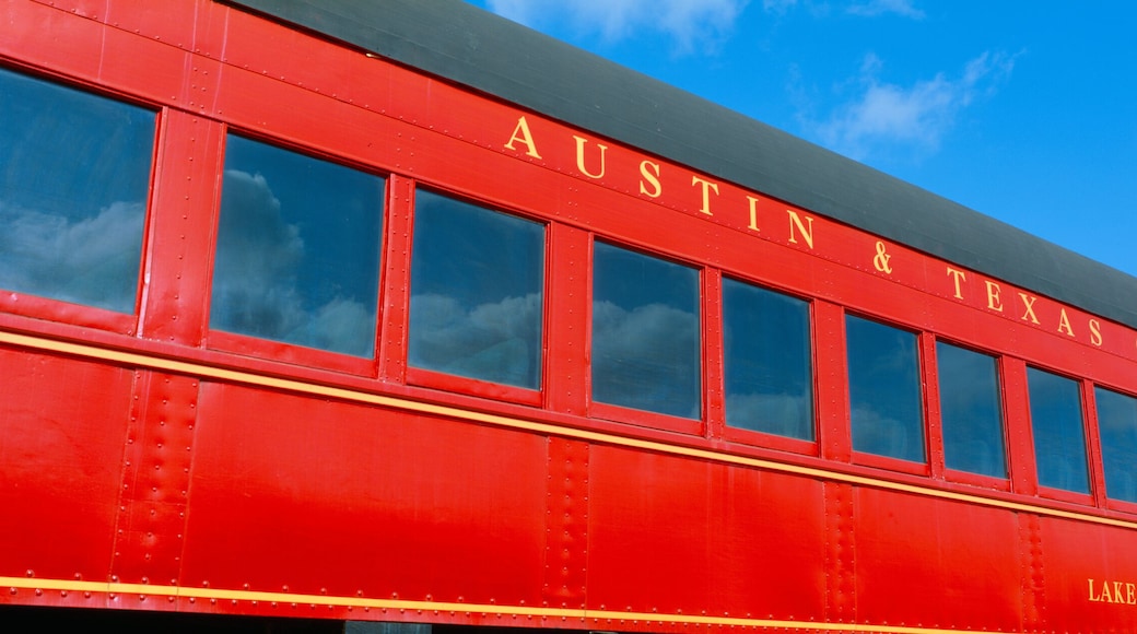Historic red passenger car, Austin & Texas Central Railroad