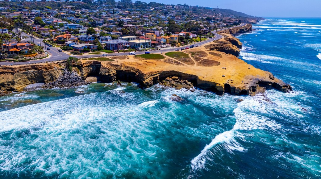 Drone shot over Sunset Cliffs in San Diego on a sunny day