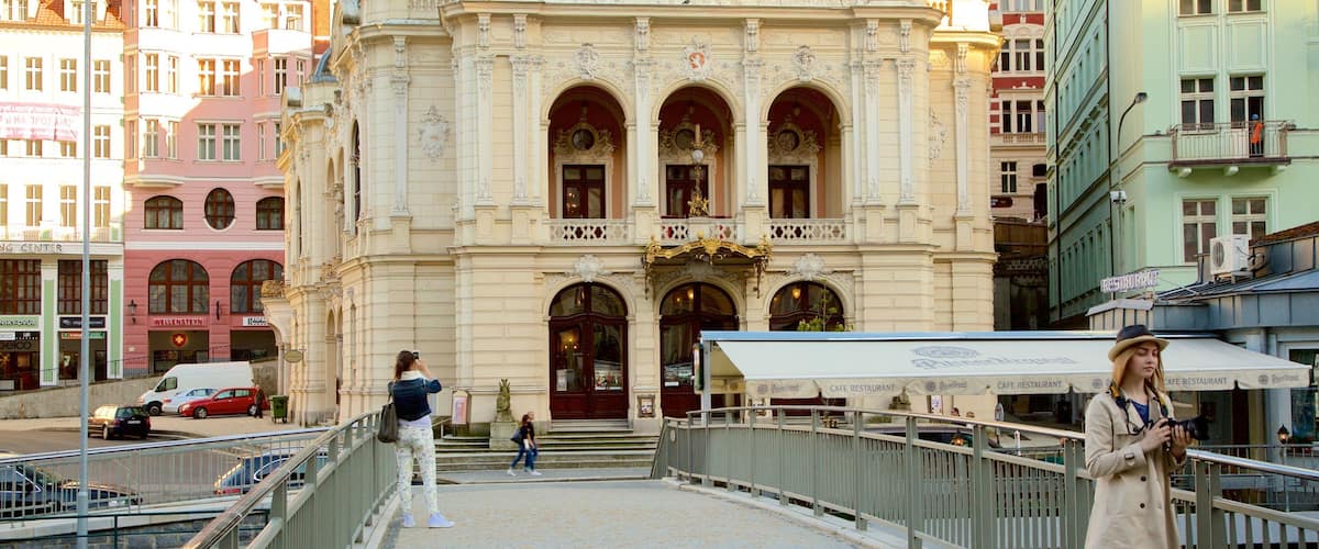 Karlovy Vary Municiple Theater showing a city