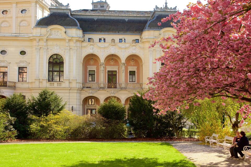 Um edifício imponente com arquitetura elaborada, um jardim bem cuidado com gramado e cerejeiras em plena floração.
