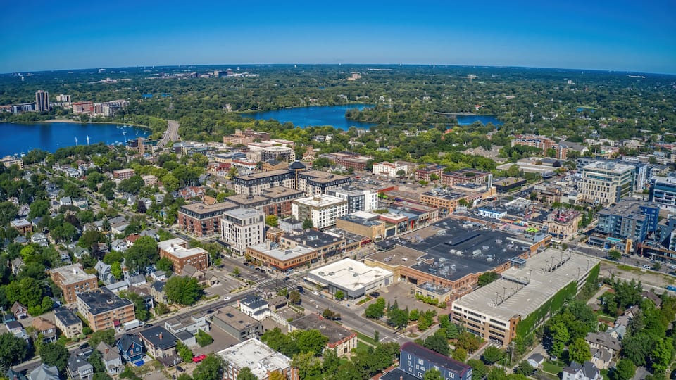 Aerial View of the Uptown Neighborhood of Minneappolis, Minnesota on Lake Bde Make Ska