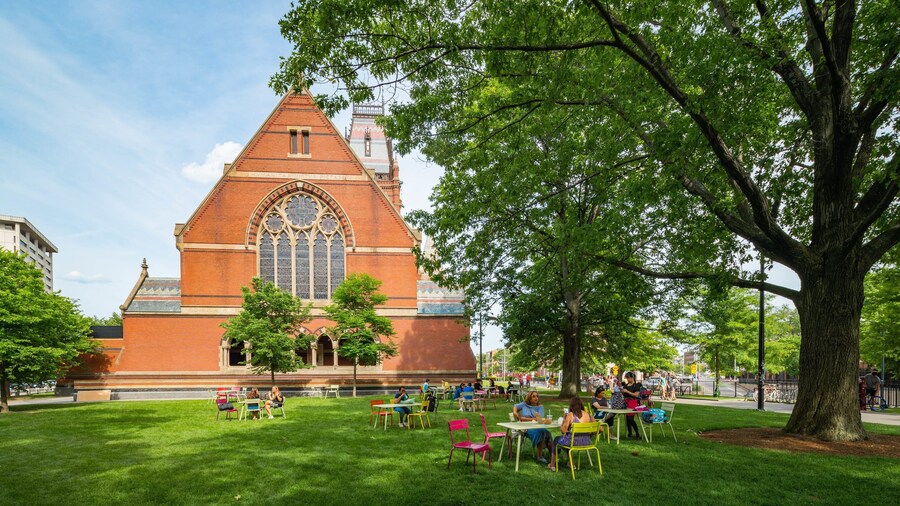 Memorial Hall showing a church or cathedral and a garden