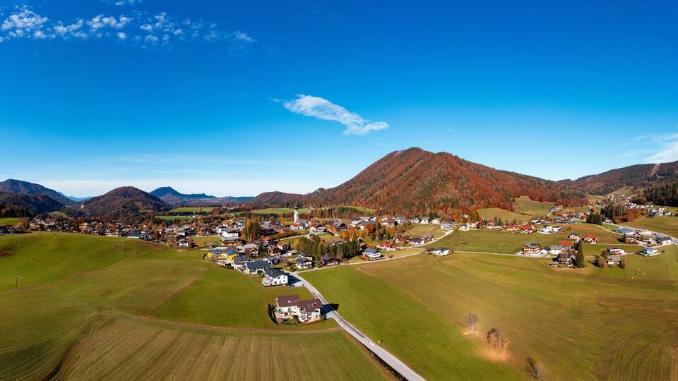 A rural landscape with a small village, green fields, and mountains in the background.