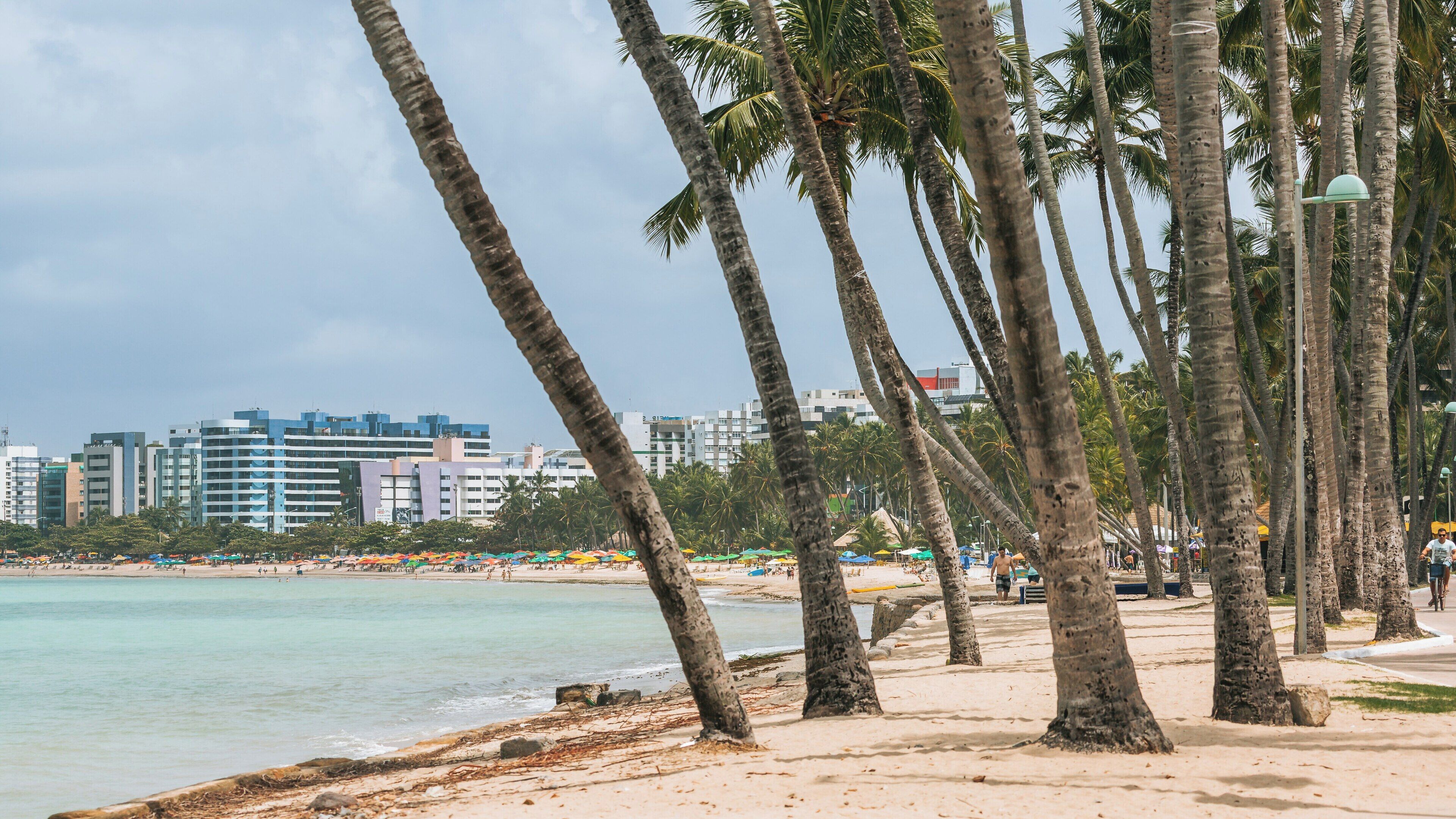 Views of Ponta Verde Beach in Maceio, Alagoas, showcasing palm trees, beachgoers, and city life along the shore