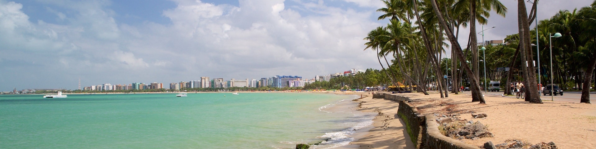 Una playa con aguas turquesas cristalinas, palmeras y el perfil de una ciudad al fondo.