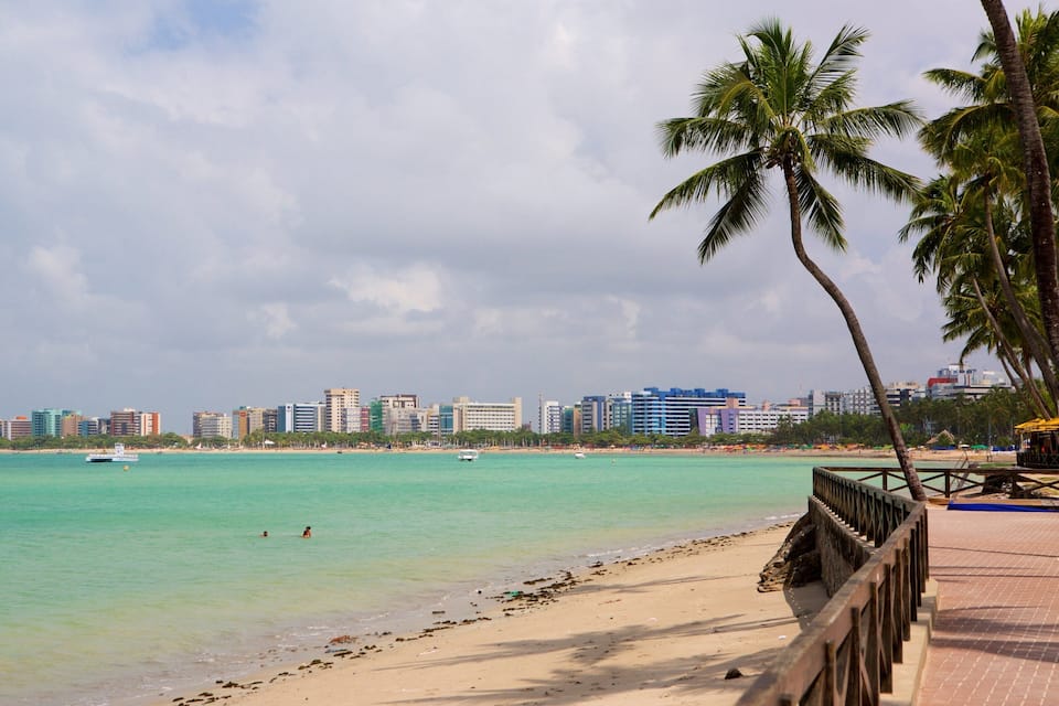 A beach with turquoise water, palm trees, and a city skyline in the background.