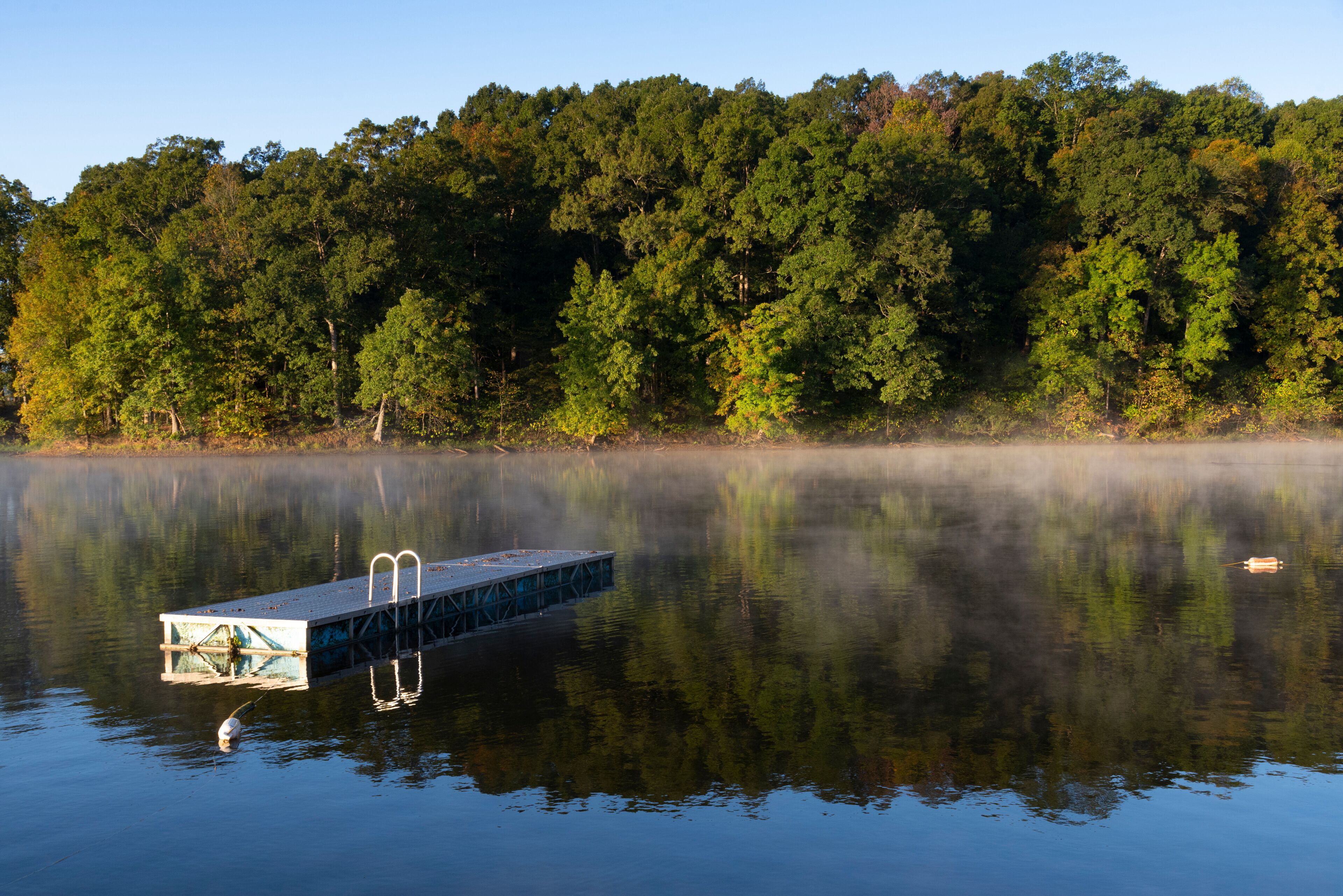 Fog-covered Little Grassy Lake at sunrise in Giant City State Park, part of Shawnee National Forest