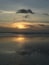 A beach at sunset with waves and a bird flying.