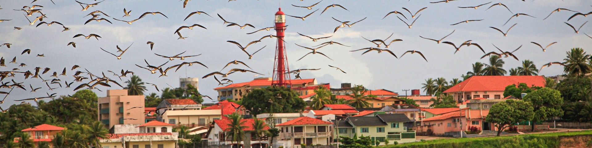 A coastal town with a lighthouse, red-roofed houses, and palm trees.
