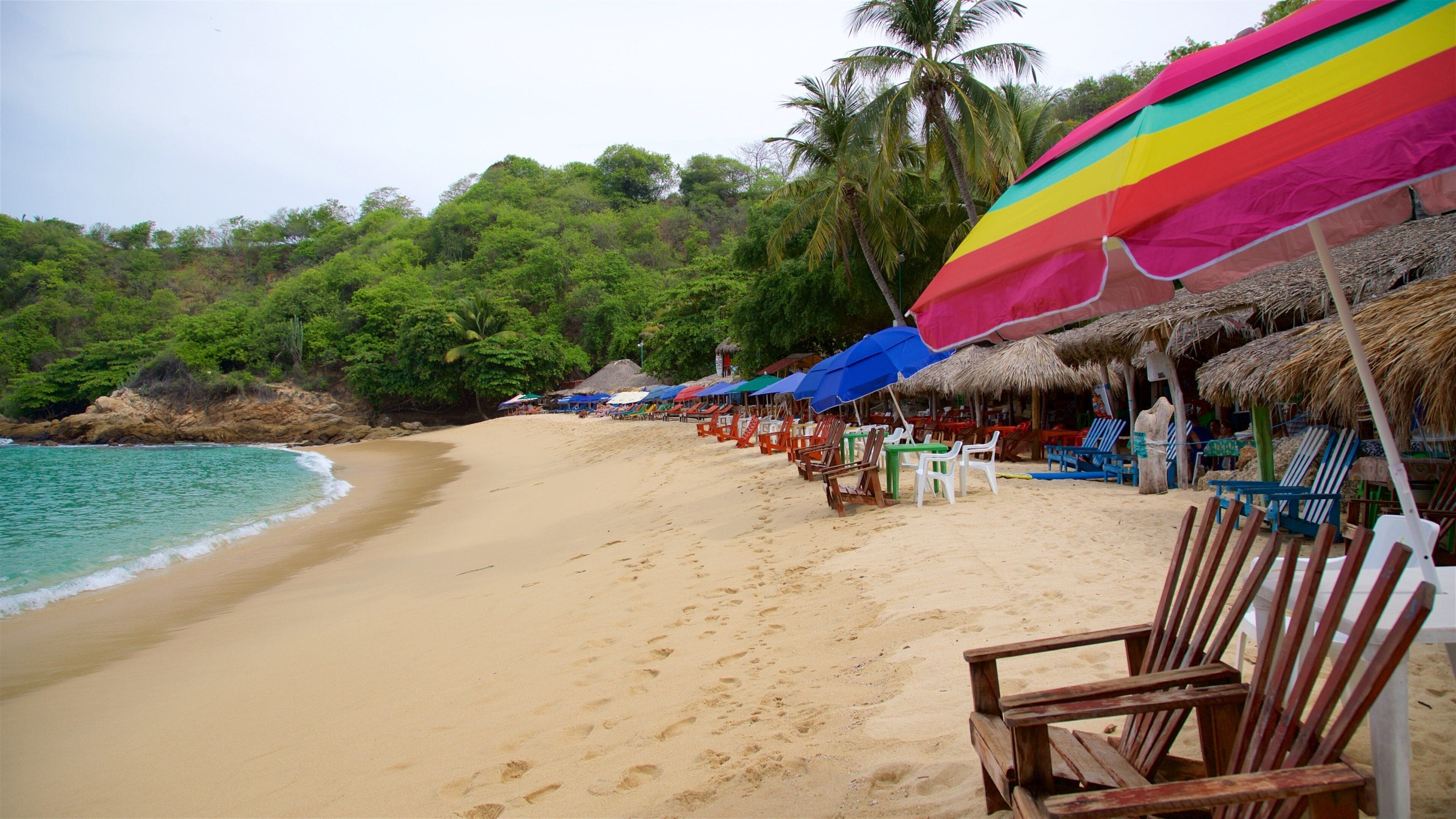 A beach with rows of wooden chairs and colorful umbrellas, palm trees, and thatched-roof huts.
