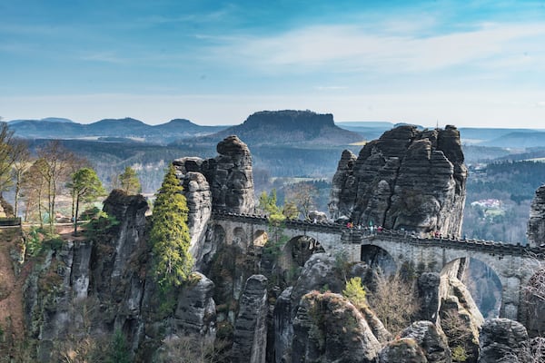 The Bastei bridge towers 194 metres above the Elbe River in the Sandstone Mountains of Germany.
In 1824, a wooden bridge was constructed to link several rocks for the visitors but then replaced with a sandstone bridge in 1851.