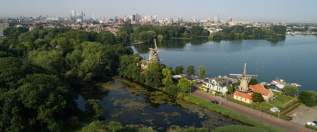 View on the skyline of Rotterdam as seen from the Kralingse Bos