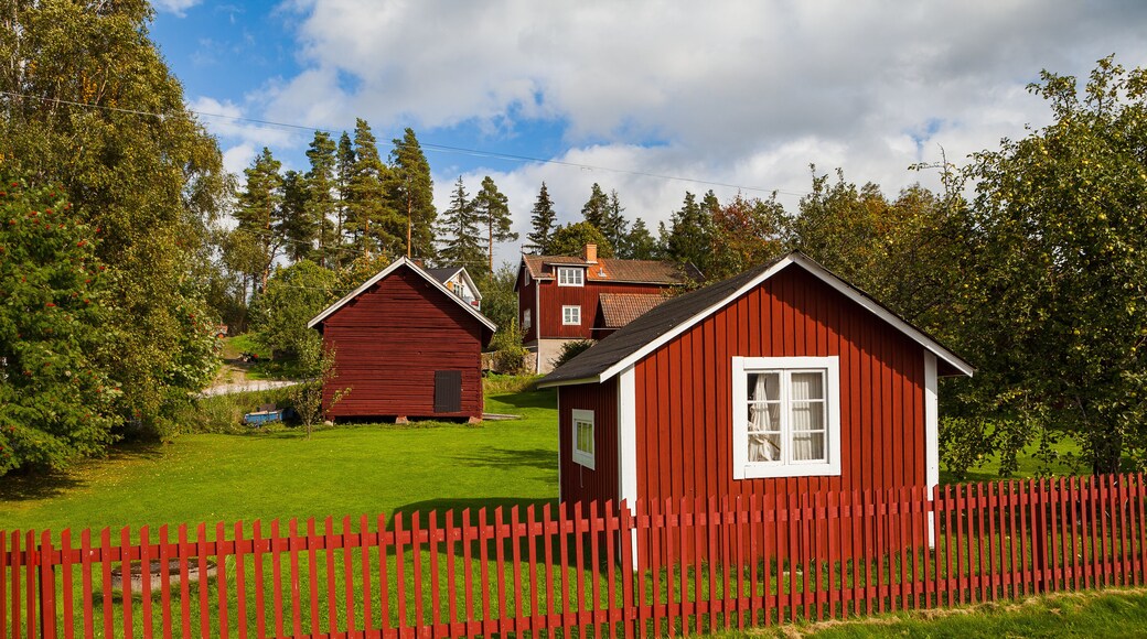 Typical scandinavian wooden houses in village. Dalarna county, Sweden.