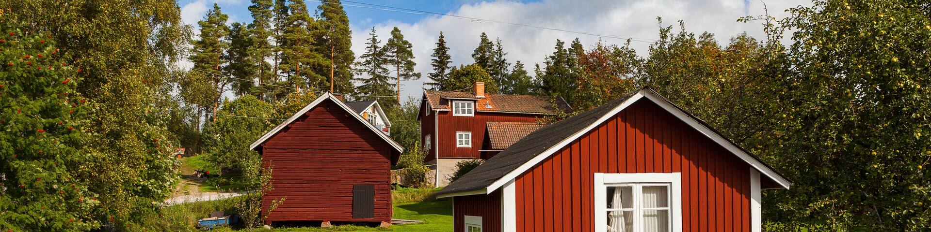 Typical scandinavian wooden houses in village. Dalarna county, Sweden.
