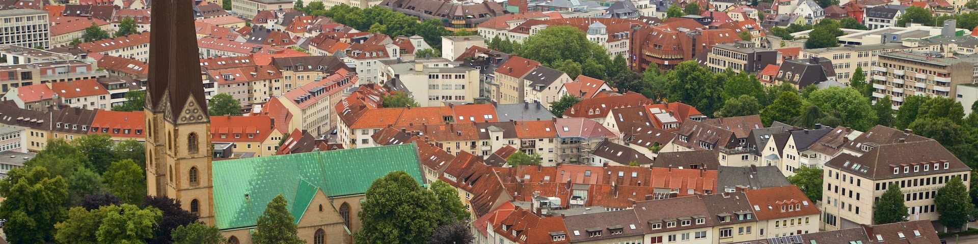 A cityscape with a prominent church with a tall spire and a green-roofed building.