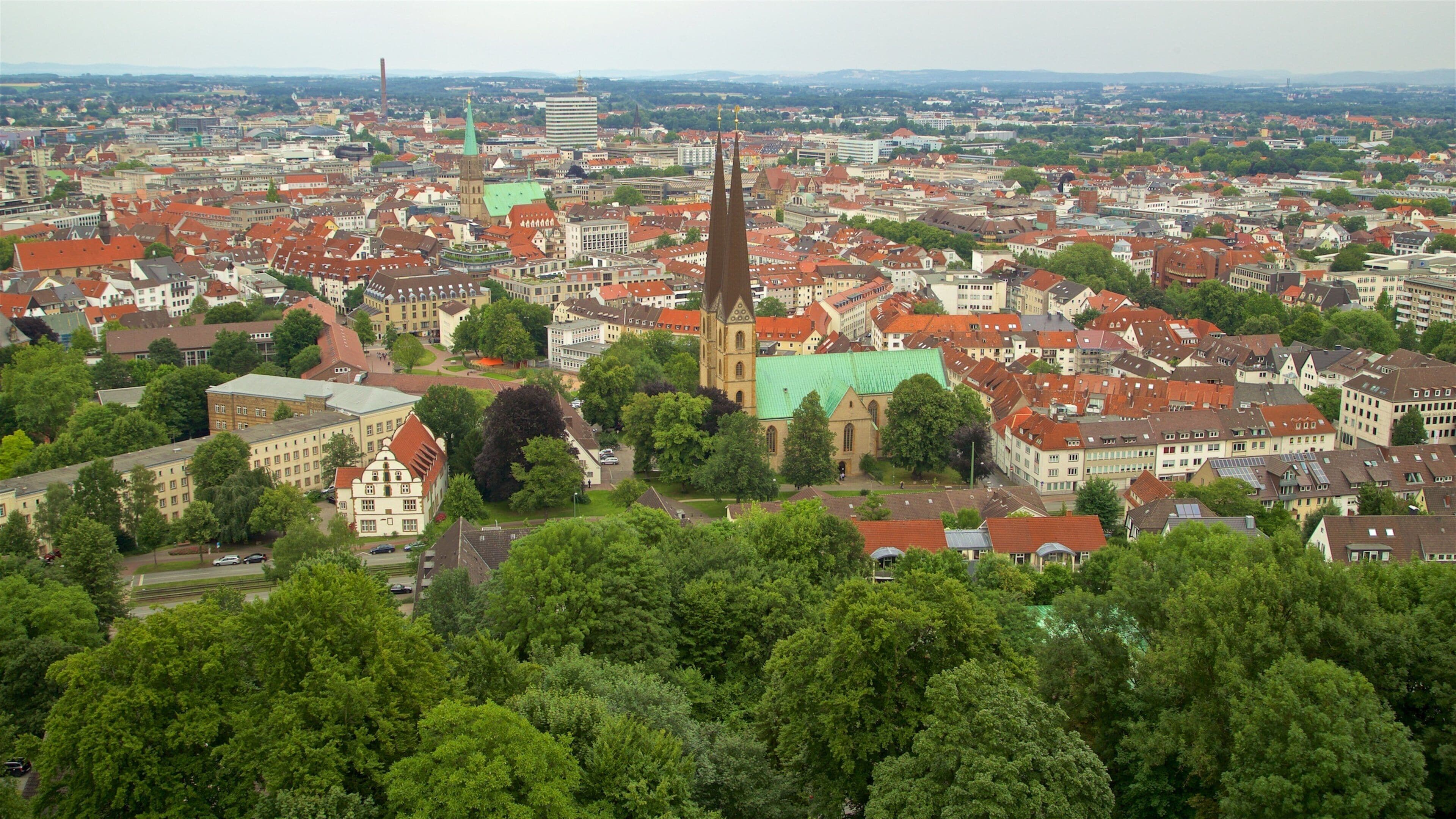 A cityscape with a prominent church with a tall spire and a green roof, surrounded by red-roofed buildings and lush green trees.