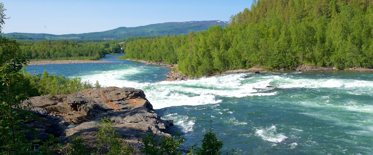 A river flowing through a forested valley with rocky outcrops and a backdrop of hills.