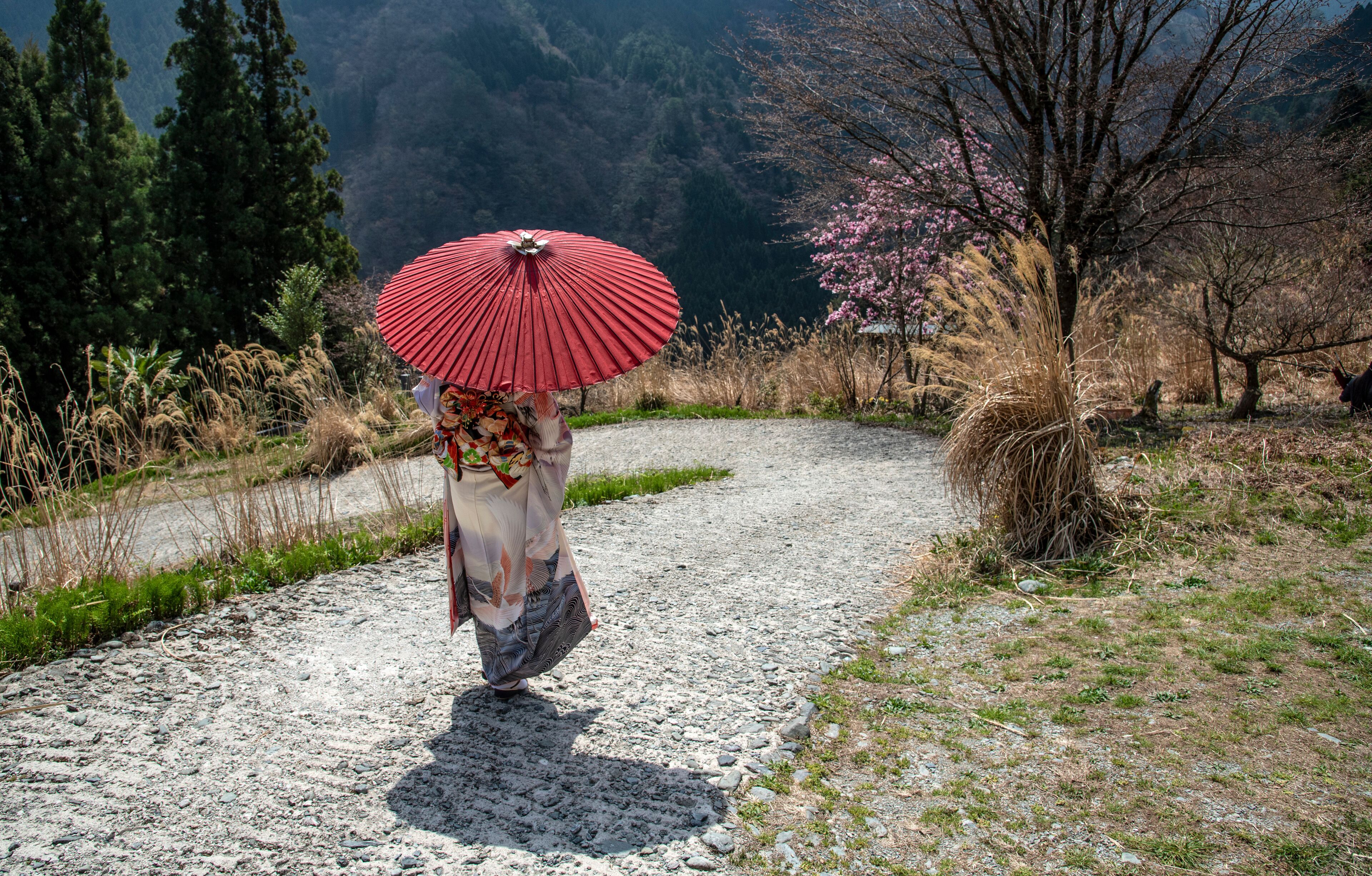 A person walking on a gravel path with a red umbrella, surrounded by trees and a mountainous landscape.