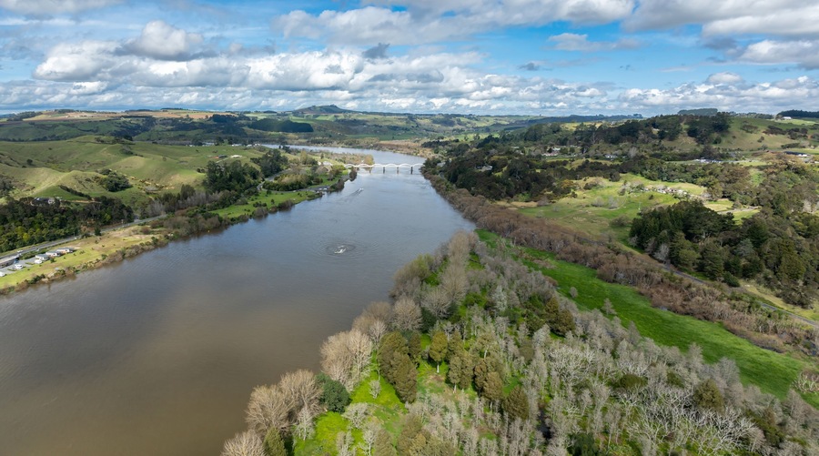 Swamp land and the Waikato River, Tuakau, Waikato, New Zealand.