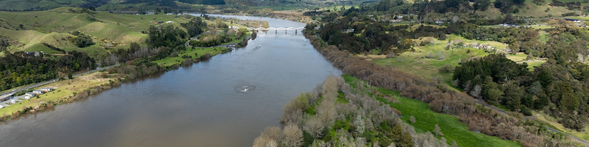 Swamp land and the Waikato River, Tuakau, Waikato, New Zealand.