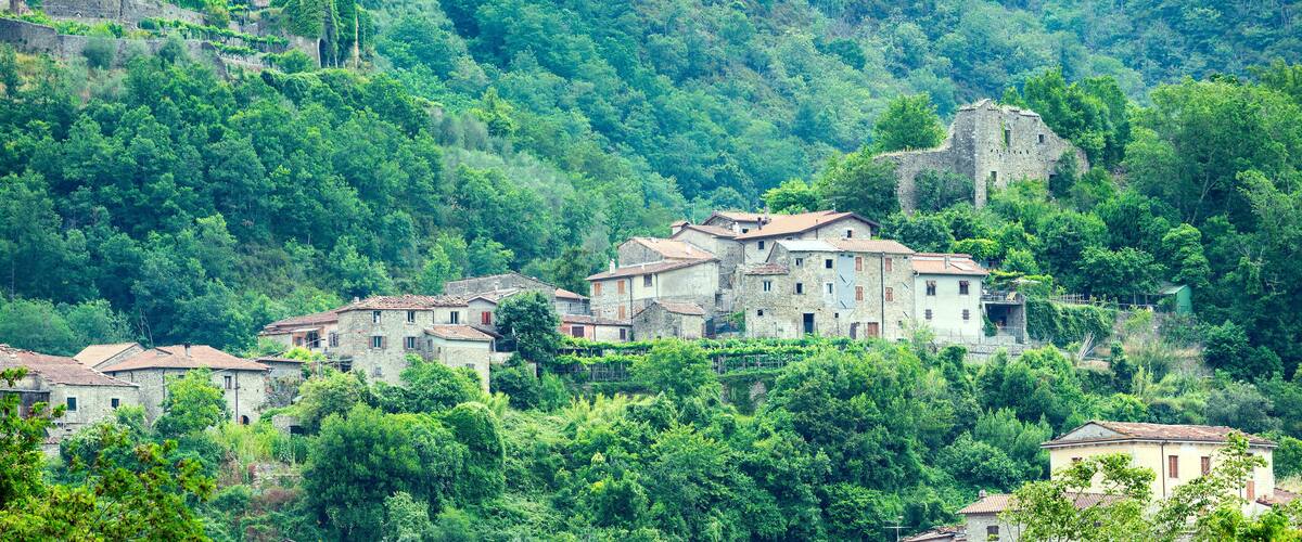 A hillside village with stone buildings and lush greenery.