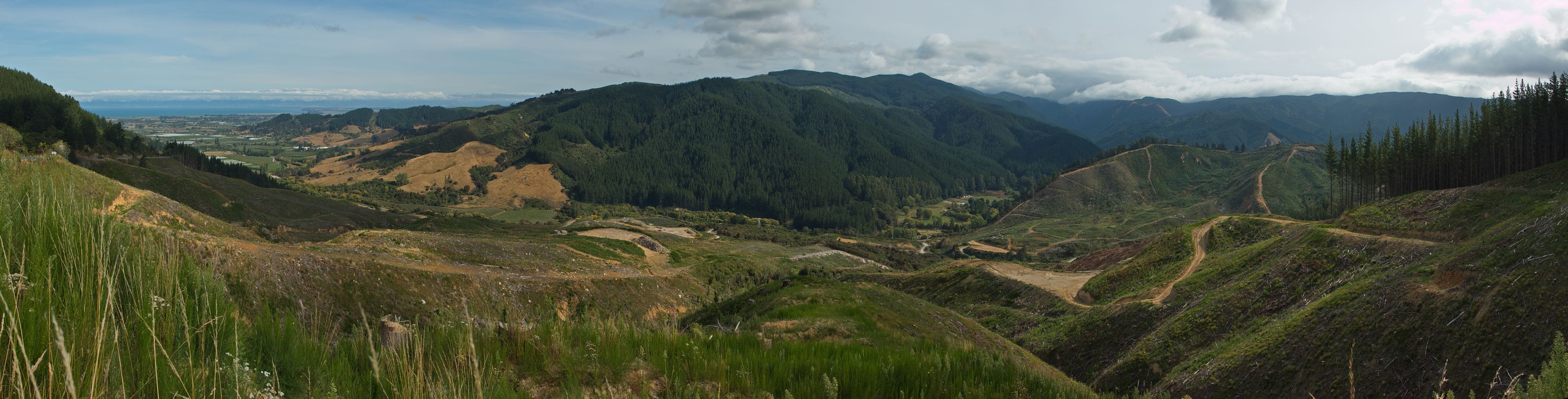 A mountainous landscape with winding roads and dense forests.