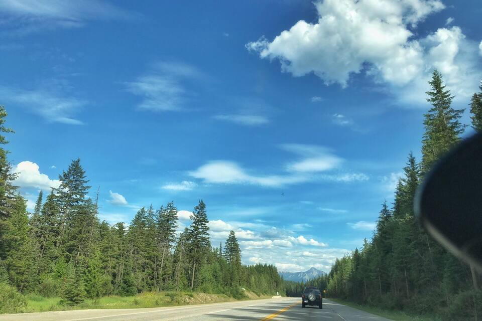 A road flanked by dense forests and a mountain range in the distance under a partly cloudy sky.