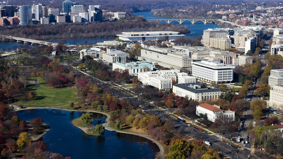 Aerial view overlooking the Foggy Bottom and Constitution Gardens, Washington DC