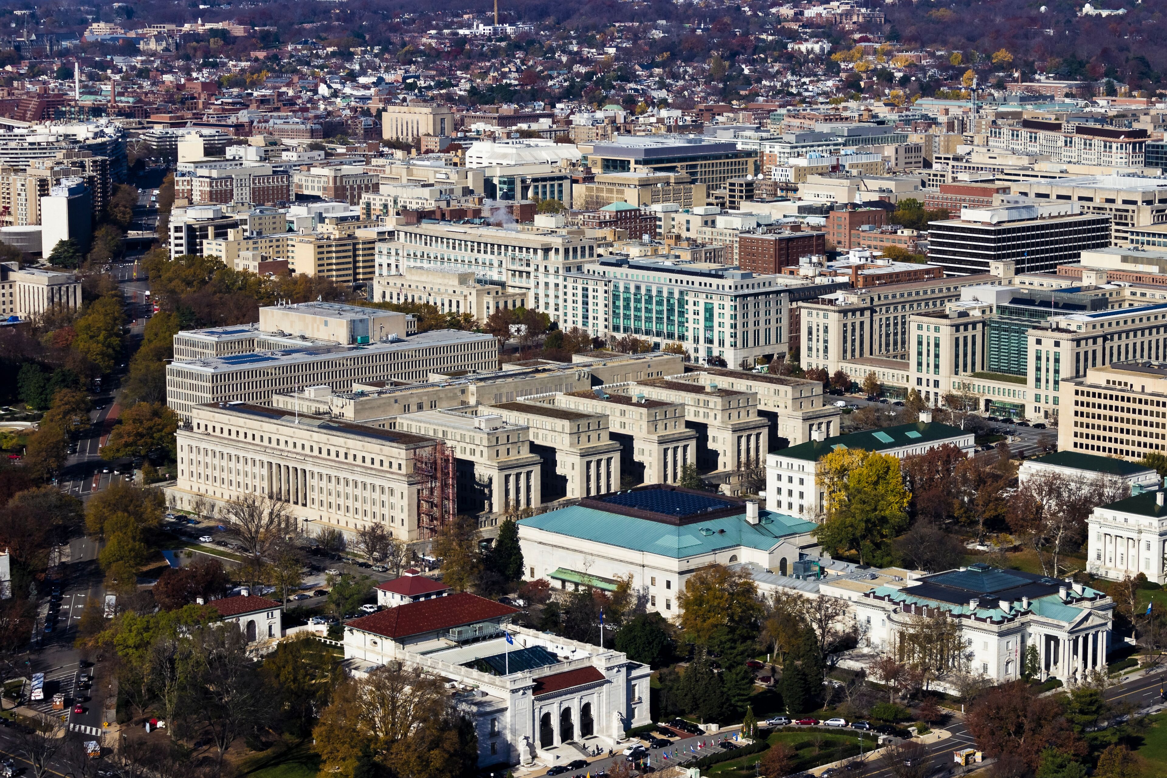 Aerial cityscape overlooking the buildings of the Foggy Bottom region of the District of Columbia