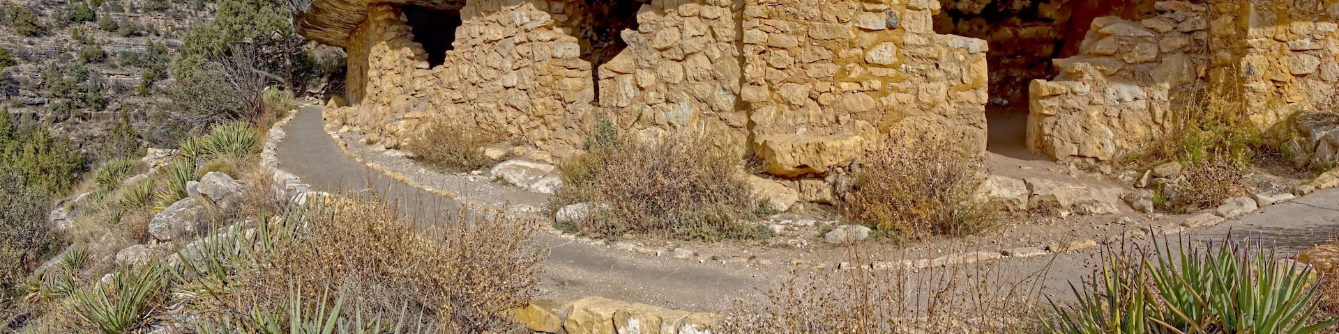 Sinagua Great House in Walnut Canyon National Monument Arizona. The ruins are managed by the National Park Service. No property release needed. This panorama is composed of 6 photos stitched together.