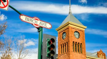 Cityscape view of Birch Avenue street sign with clock tower in Flagstaff, Arizona.; Shutterstock ID 529212391