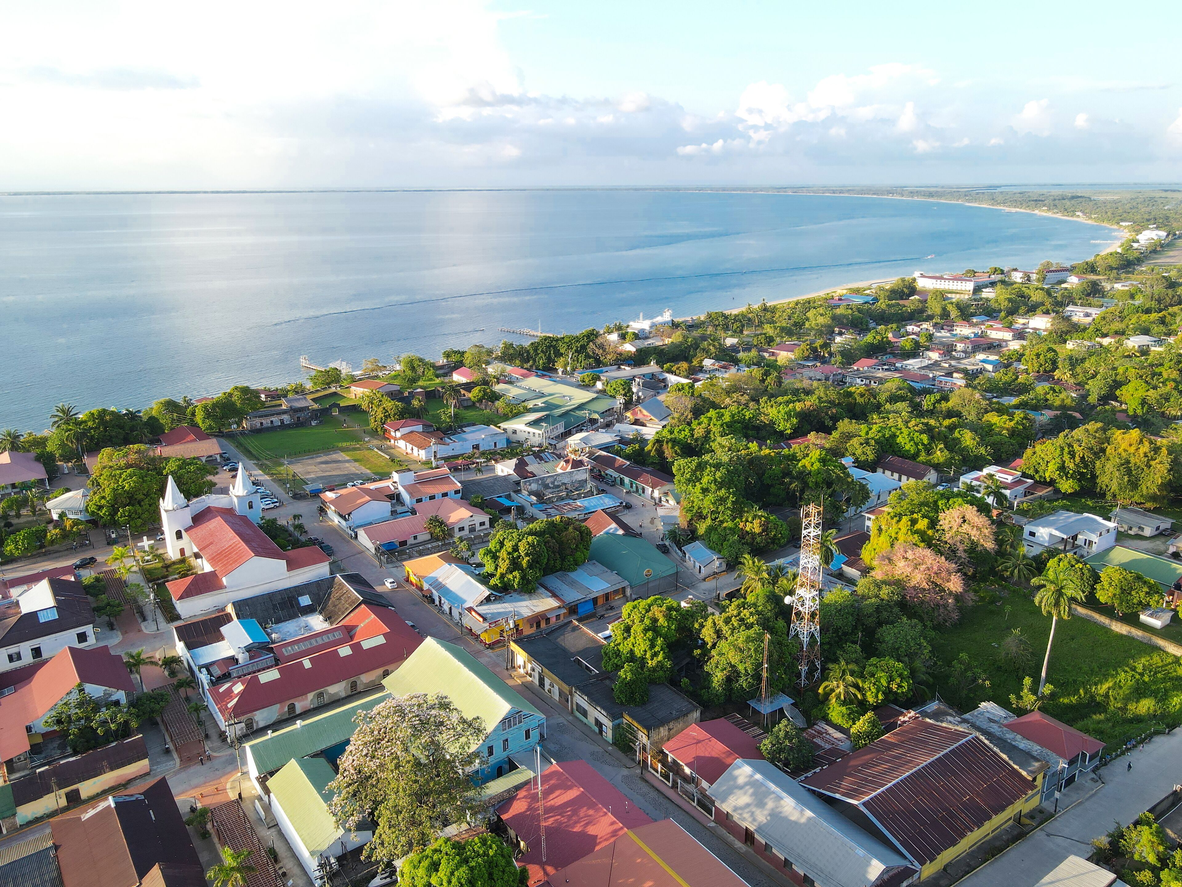 Aerial view over city of Trujillo in Honduras, the place where Cristopher Columbus touched continental land for the first time in history