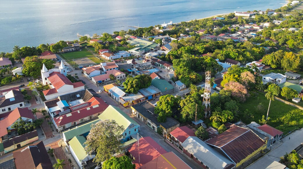Aerial view over city of Trujillo in Honduras, the place where Cristopher Columbus touched continental land for the first time in history
