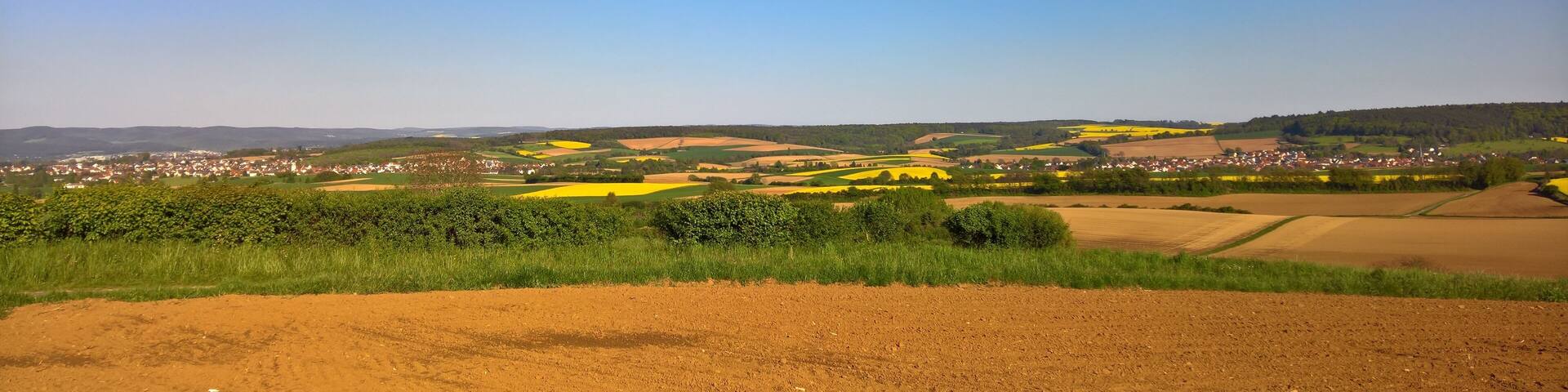 Ansicht von der Schaafheimer Warte ins Pflaumbachtal: im Bild links: Pflaumheim, Bild rechts: Wenigumstadt - beide heute Stadtteil von Großostheim